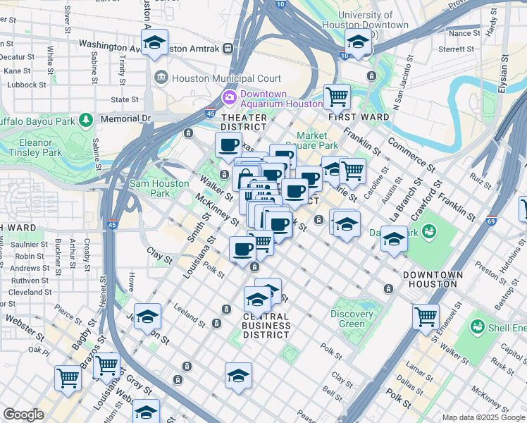 map of restaurants, bars, coffee shops, grocery stores, and more near 808 Travis Street in Houston