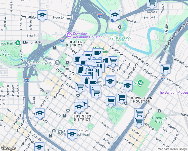 map of restaurants, bars, coffee shops, grocery stores, and more near in Houston