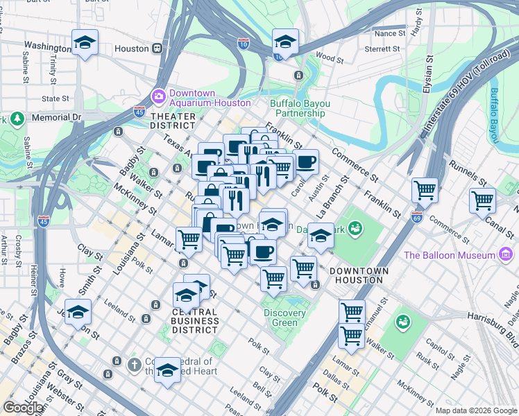 map of restaurants, bars, coffee shops, grocery stores, and more near 609 San Jacinto Street in Houston