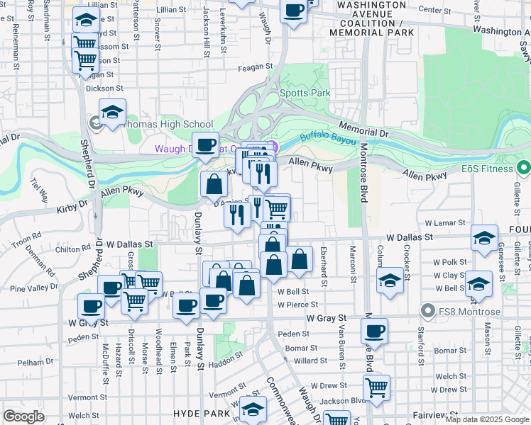 map of restaurants, bars, coffee shops, grocery stores, and more near 810 Waugh Drive in Houston