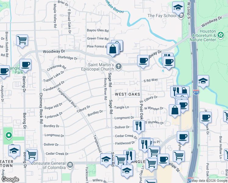 map of restaurants, bars, coffee shops, grocery stores, and more near 1587 Sage Road in Houston