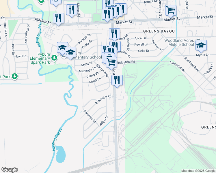 map of restaurants, bars, coffee shops, grocery stores, and more near 12480 Parkey Lane in Houston