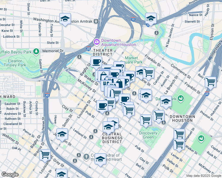map of restaurants, bars, coffee shops, grocery stores, and more near 811 Walker Street in Houston