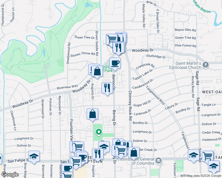 map of restaurants, bars, coffee shops, grocery stores, and more near 777 Bering Drive in Houston