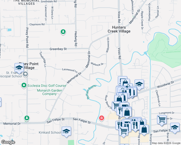 map of restaurants, bars, coffee shops, grocery stores, and more near 11106 Wickway in Houston