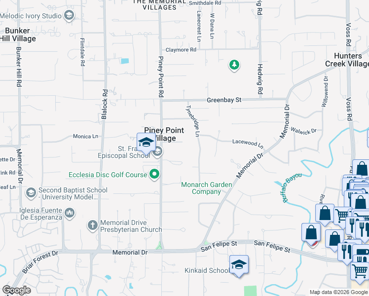 map of restaurants, bars, coffee shops, grocery stores, and more near 2 Carsey Lane in Houston