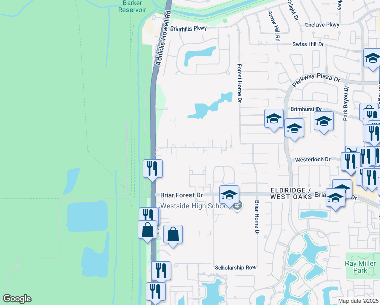 map of restaurants, bars, coffee shops, grocery stores, and more near 14531 Westway Lane in Houston