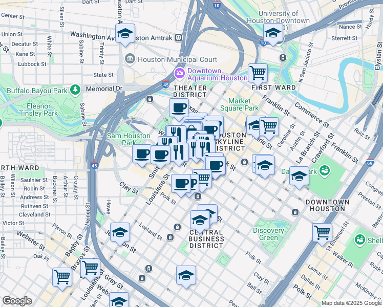 map of restaurants, bars, coffee shops, grocery stores, and more near 777 Walker Street in Houston