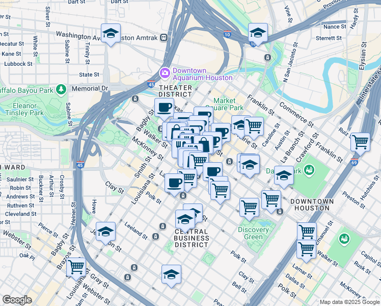 map of restaurants, bars, coffee shops, grocery stores, and more near 808 Travis Street in Houston