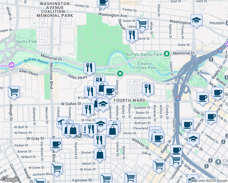 map of restaurants, bars, coffee shops, grocery stores, and more near 1616 West Dallas Street in Houston