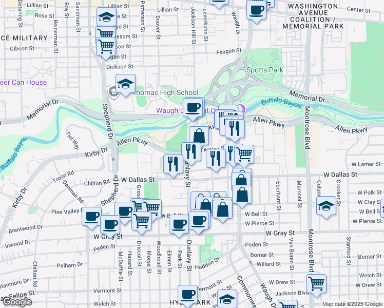 map of restaurants, bars, coffee shops, grocery stores, and more near 3501 Allen Parkway in Houston
