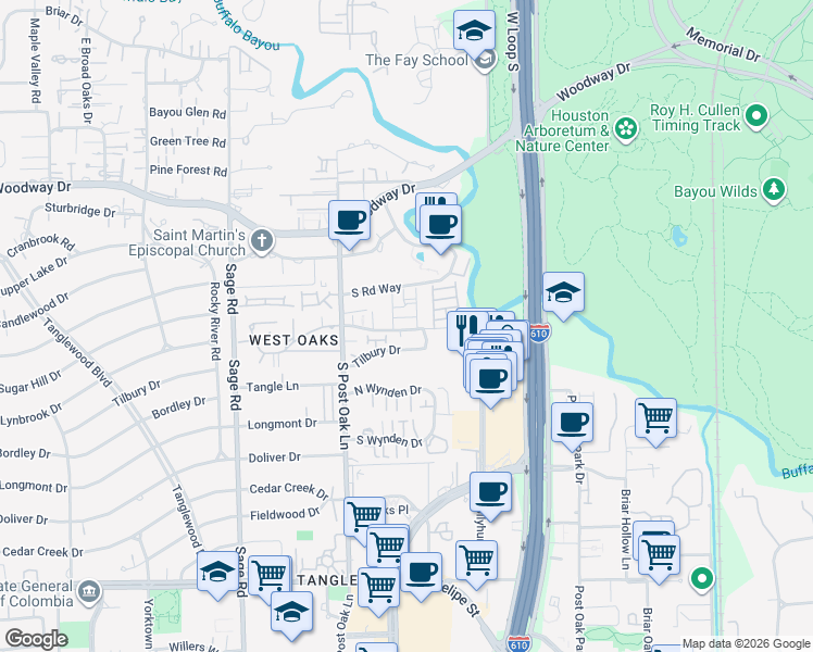 map of restaurants, bars, coffee shops, grocery stores, and more near 4906 Tilbury Drive in Houston