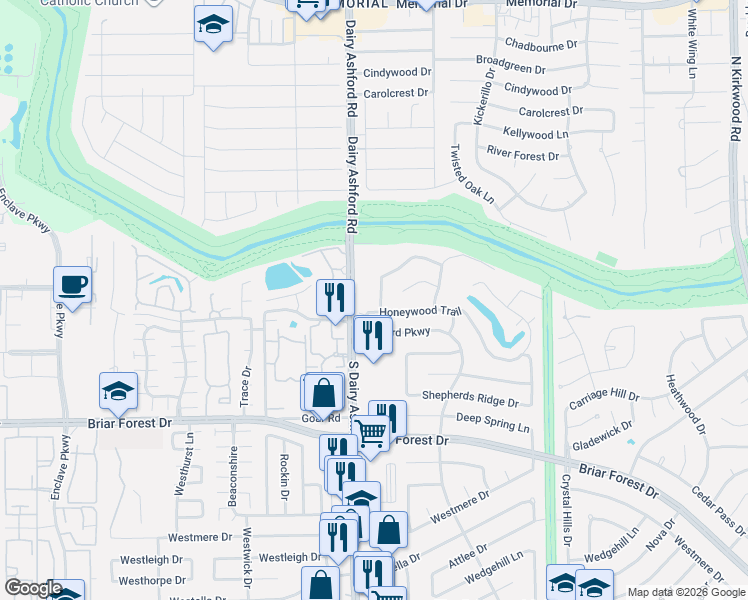 map of restaurants, bars, coffee shops, grocery stores, and more near 12555 Honeywood Trail in Houston
