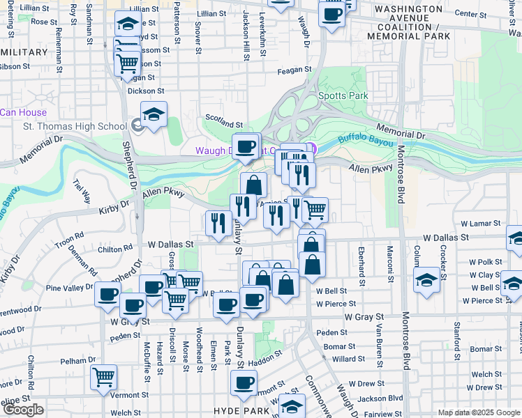 map of restaurants, bars, coffee shops, grocery stores, and more near 3501 Allen Parkway in Houston