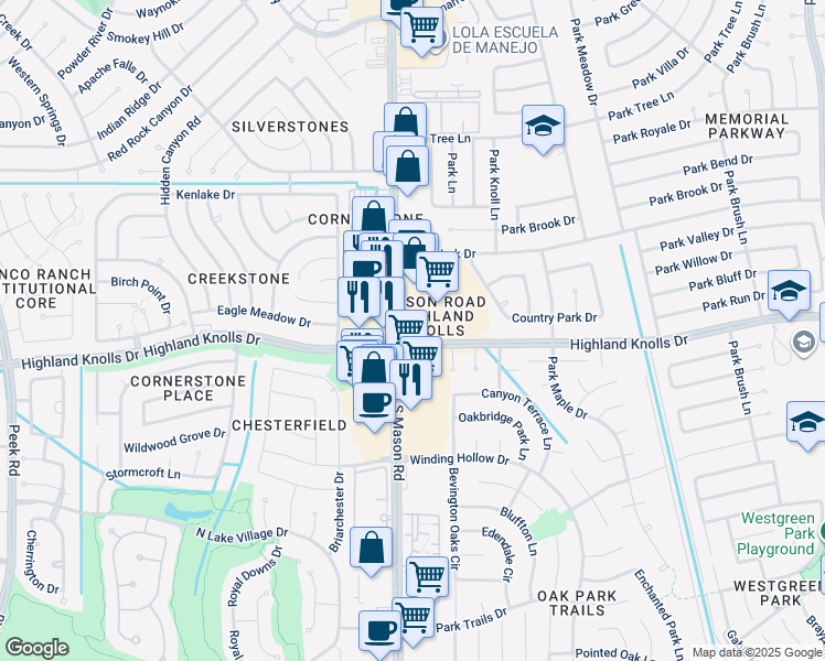 map of restaurants, bars, coffee shops, grocery stores, and more near 1621 Mason Road in Katy