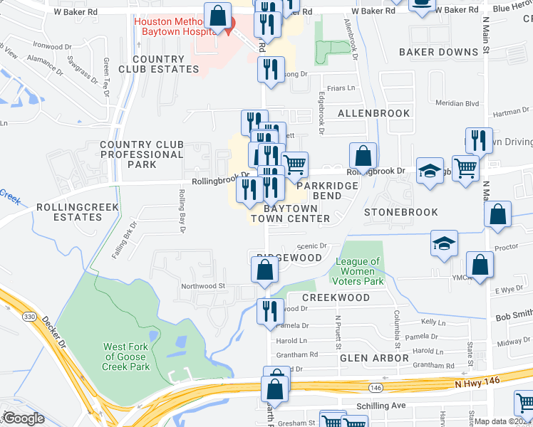 map of restaurants, bars, coffee shops, grocery stores, and more near 3414 Garth Road in Baytown