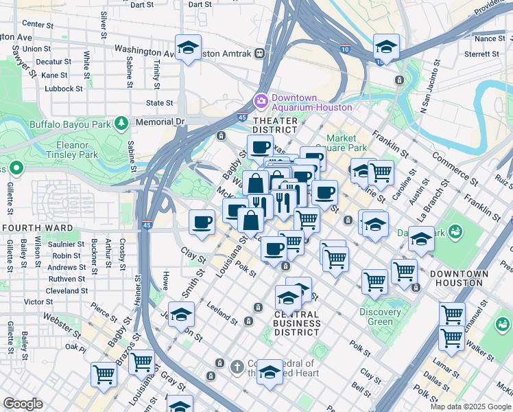 map of restaurants, bars, coffee shops, grocery stores, and more near 910 Louisiana Street in Houston