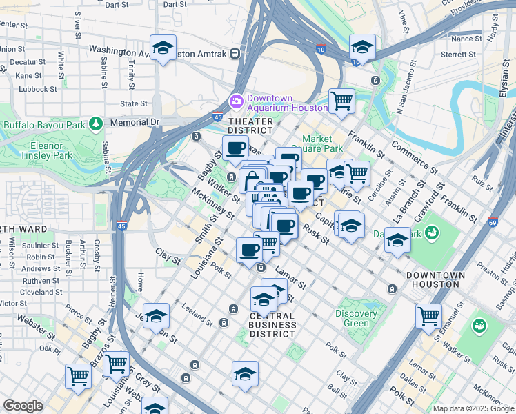 map of restaurants, bars, coffee shops, grocery stores, and more near 777 Walker Street in Houston