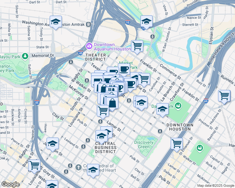 map of restaurants, bars, coffee shops, grocery stores, and more near 802 Main Street in Houston