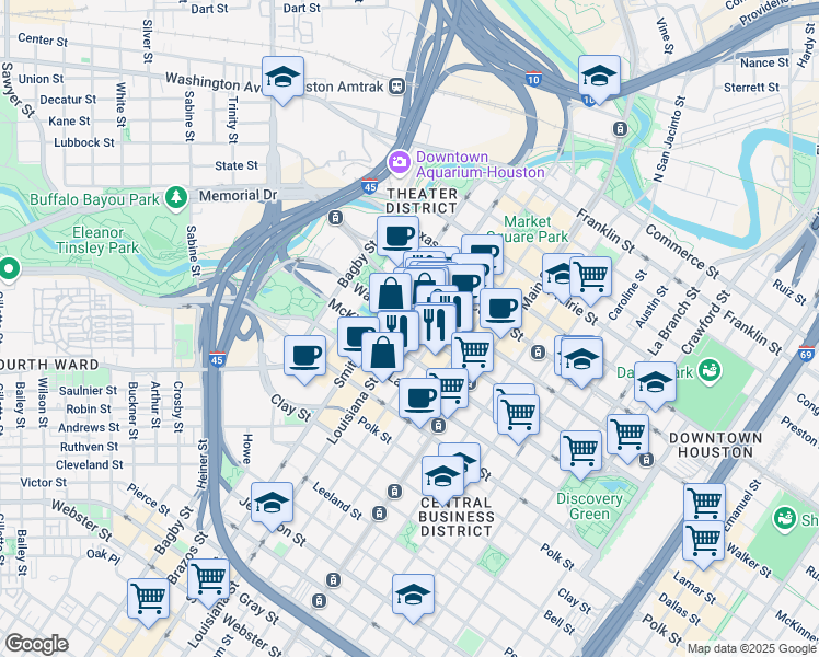 map of restaurants, bars, coffee shops, grocery stores, and more near 910 Louisiana Street in Houston