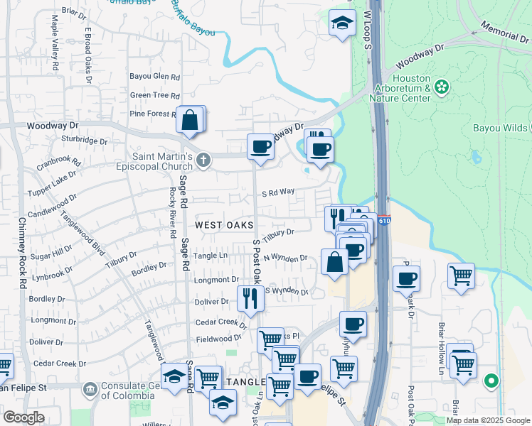 map of restaurants, bars, coffee shops, grocery stores, and more near 999 South Post Oak Lane in Houston