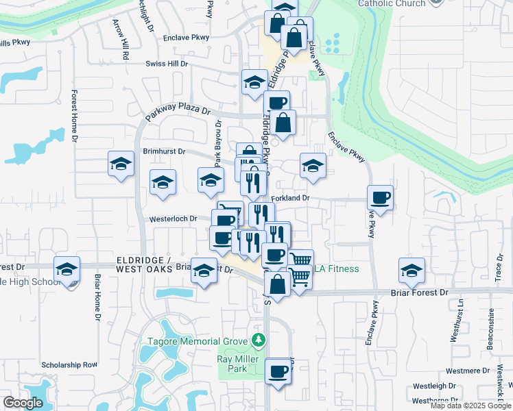 map of restaurants, bars, coffee shops, grocery stores, and more near 1490 Eldridge Parkway in Houston