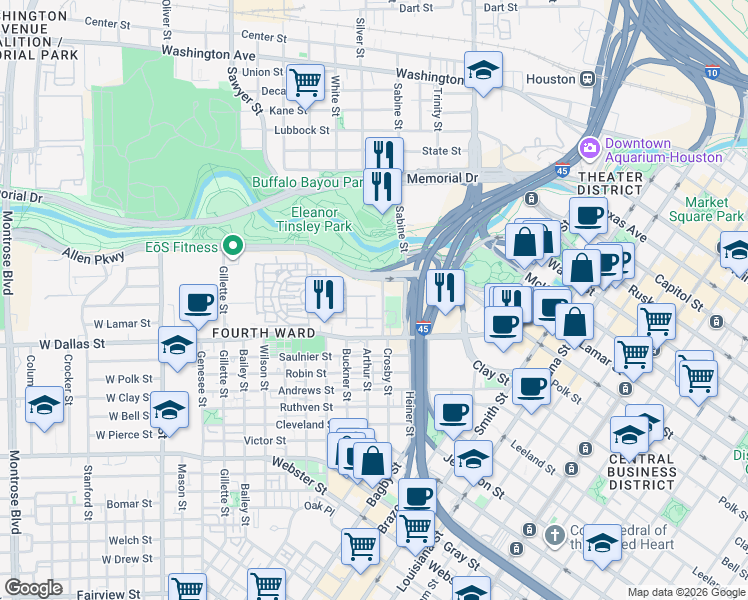 map of restaurants, bars, coffee shops, grocery stores, and more near 811 Skyline Vista in Houston