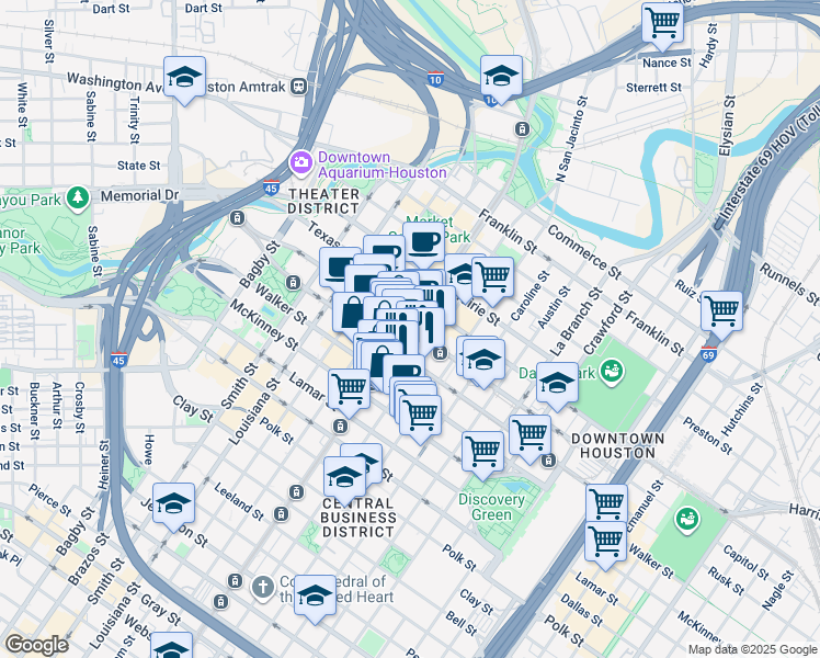 map of restaurants, bars, coffee shops, grocery stores, and more near 1000 Capitol Street in Houston