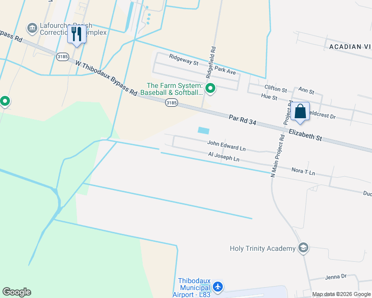 map of restaurants, bars, coffee shops, grocery stores, and more near 499 Al Joseph Lane in Thibodaux