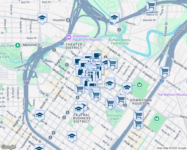 map of restaurants, bars, coffee shops, grocery stores, and more near Main St & Capitol St in Houston