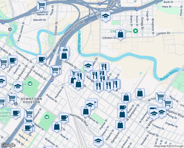 map of restaurants, bars, coffee shops, grocery stores, and more near 2424 Navigation Boulevard in Houston
