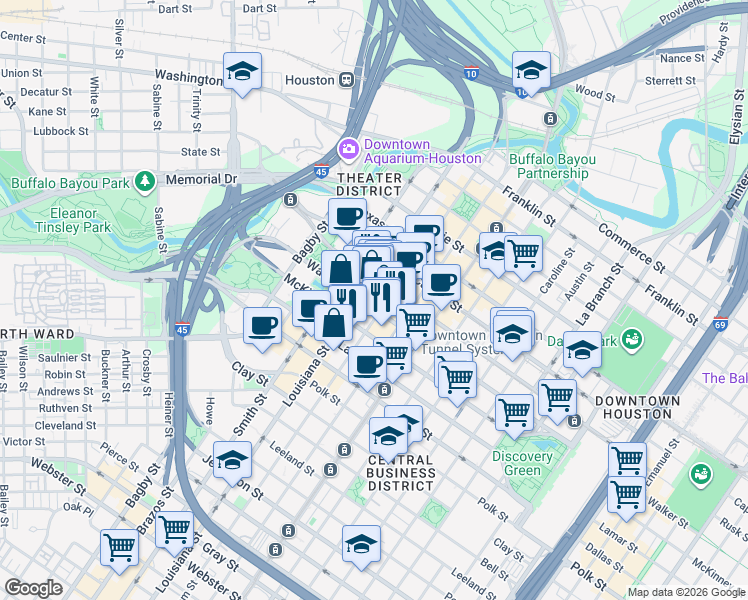 map of restaurants, bars, coffee shops, grocery stores, and more near 910 Louisiana Street in Houston