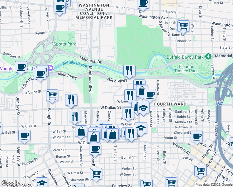 map of restaurants, bars, coffee shops, grocery stores, and more near 804 Stanford Street in Houston