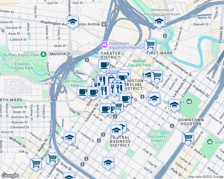 map of restaurants, bars, coffee shops, grocery stores, and more near 811 Louisiana Street in Houston