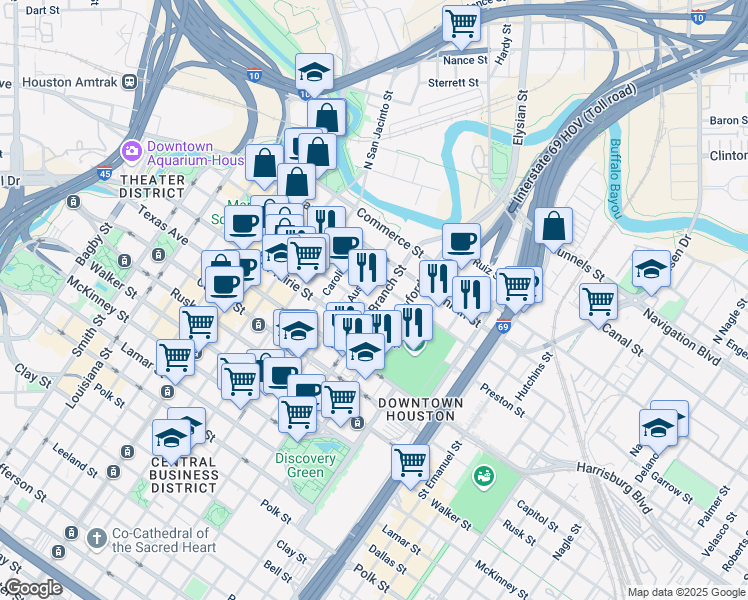 map of restaurants, bars, coffee shops, grocery stores, and more near 1415 Congress Street in Houston