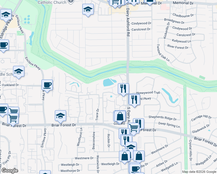 map of restaurants, bars, coffee shops, grocery stores, and more near 12626 Briar Patch Drive in Houston