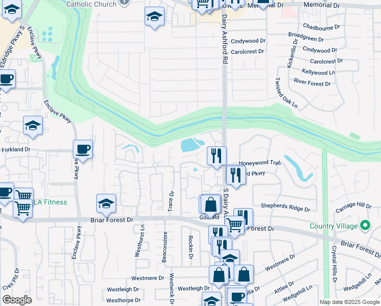 map of restaurants, bars, coffee shops, grocery stores, and more near 12658 Briar Patch Drive in Houston
