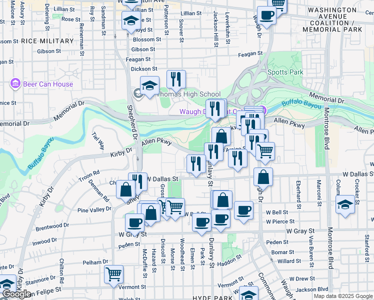 map of restaurants, bars, coffee shops, grocery stores, and more near Allen Parkway in Houston