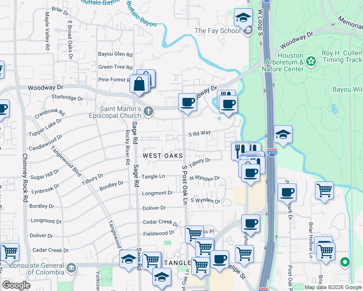 map of restaurants, bars, coffee shops, grocery stores, and more near 807 South Post Oak Lane in Houston