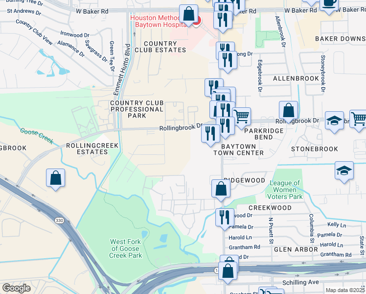 map of restaurants, bars, coffee shops, grocery stores, and more near 1661 Rollingbrook Drive in Baytown