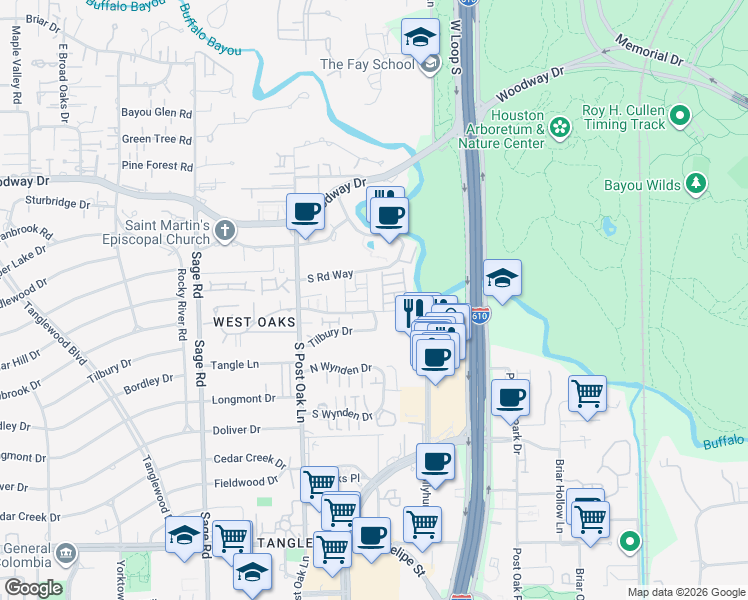 map of restaurants, bars, coffee shops, grocery stores, and more near 4808 Post Oak Timber Drive in Houston