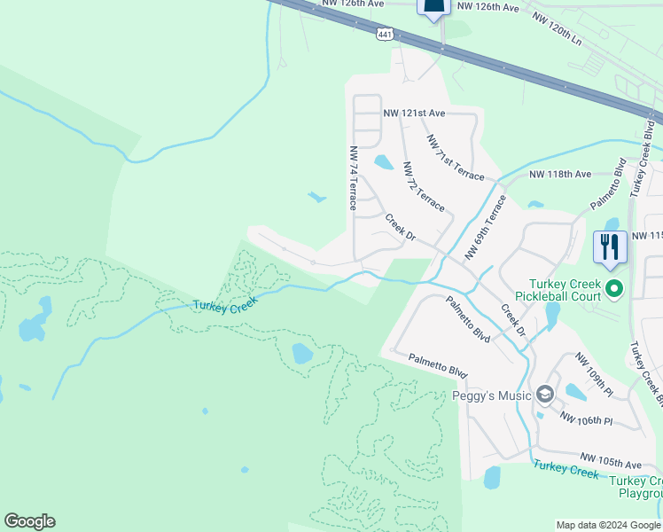 map of restaurants, bars, coffee shops, grocery stores, and more near 7560 White Oaks Road in Alachua