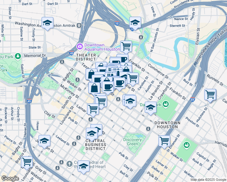 map of restaurants, bars, coffee shops, grocery stores, and more near 609 South Main Street in Galena Park