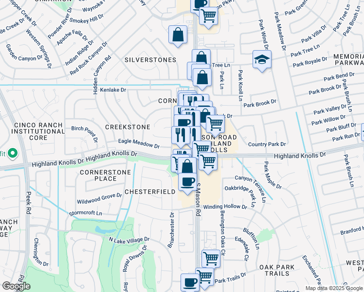 map of restaurants, bars, coffee shops, grocery stores, and more near 1548 Mason Road in Katy