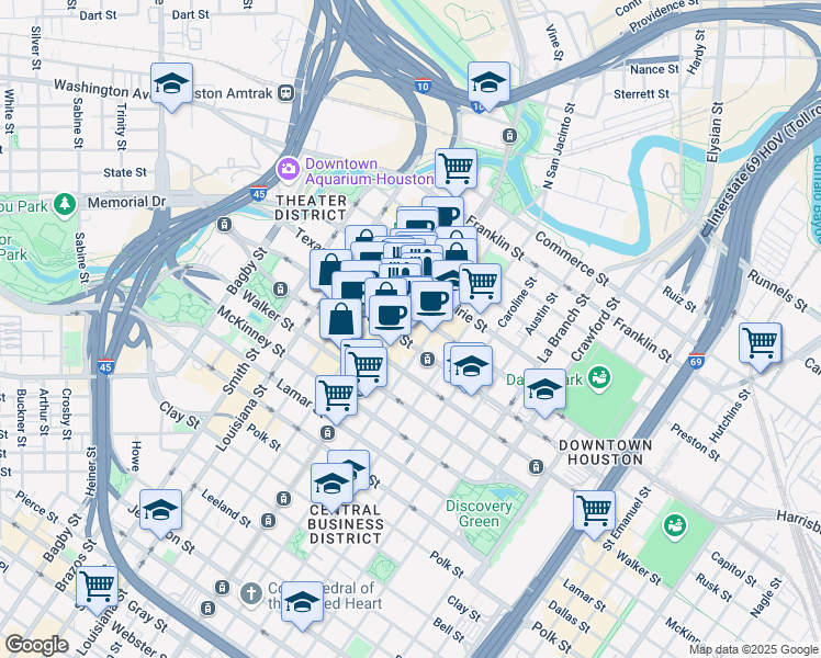 map of restaurants, bars, coffee shops, grocery stores, and more near 502 Main Street in Houston