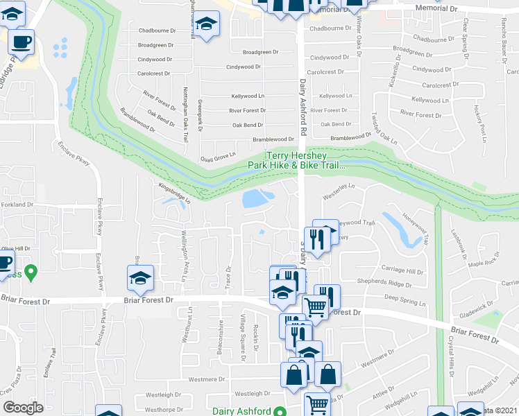 map of restaurants, bars, coffee shops, grocery stores, and more near 12626 Briar Patch Drive in Houston