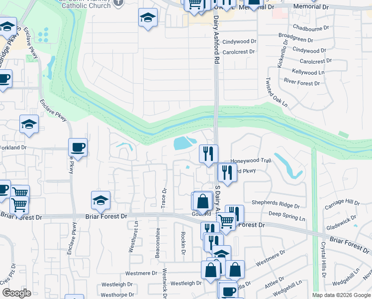 map of restaurants, bars, coffee shops, grocery stores, and more near 12626 Briar Patch Drive in Houston