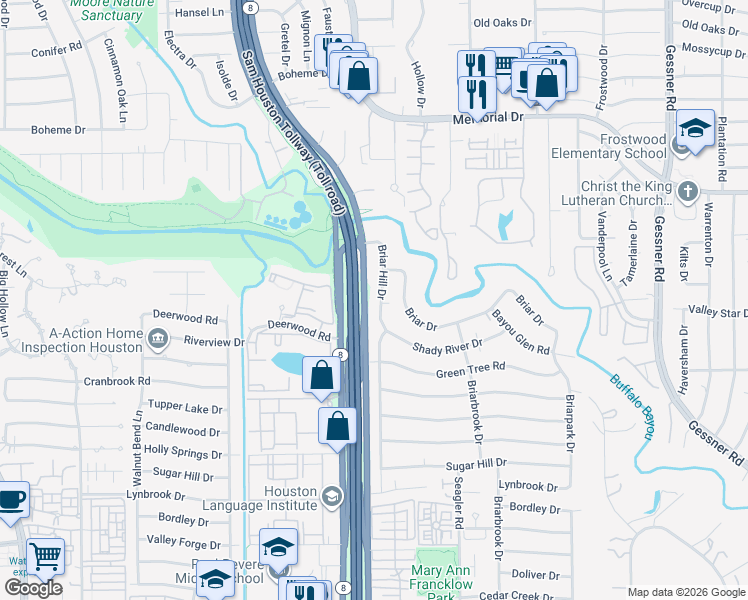map of restaurants, bars, coffee shops, grocery stores, and more near 114 Briar Hill Drive in Houston