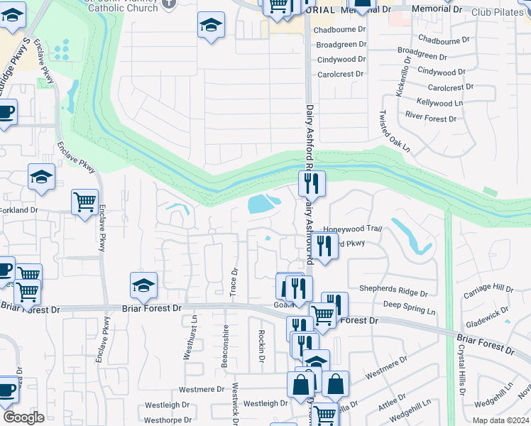 map of restaurants, bars, coffee shops, grocery stores, and more near 12626 Briar Patch Drive in Houston