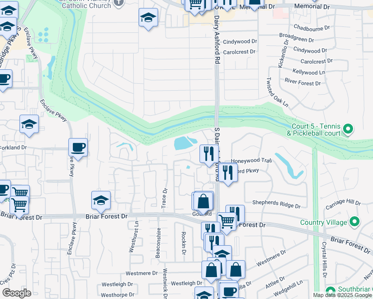 map of restaurants, bars, coffee shops, grocery stores, and more near 12660 Briar Patch Drive in Houston